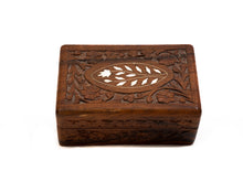 Load image into Gallery viewer, Carved Wooden Trinket Box with Inlaid Oval Floral Medallion
